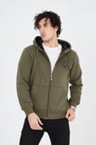 Erkek 3 İplik Pamuklu Fermuarlı Kapüşonlu Kanguru Cepli Baskılı Hoodie Hırka Sweatshirt - Yeşil