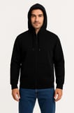 Üç İplik Kapüşonlu Tam Fermuarlı Kanguru Çepli SweatShirt Hoodie - Siyah