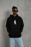 Erkek Survivor Penguin Baskılı 3 İplik Pamuklu Kapüşonlu Sweatshirt Hoodie Siyah