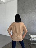 Kadın Düz T-Shirt Kısa Kol Bisiklet Yaka Oversize Rahat Kalıp Günlük Tişört - Bej