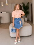 Kız Çocuk Gömlek Etek Çanta 3’lü Takım Fırfır Detaylı Jean Etekli Şık Kombin - Somon