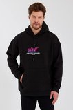 Baskılı Üç İplik Kapüşonlu Oversize Sweatshirt - Siyah