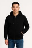 Üç İplik Kapüşonlu Tam Fermuarlı Kanguru Çepli SweatShirt Hoodie - Siyah