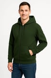 Üç İplik Kapüşonlu Tam Fermuarlı Kanguru Cepli Sweatshirt Hoodie - Haki