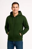 Üç İplik Kapüşonlu Tam Fermuarlı Kanguru Cepli Sweatshirt Hoodie - Haki