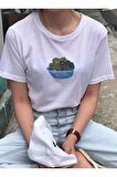 Zeytin Baskılı Bisiklet Yaka Basic Trend Kadın T-shirt