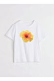 Sarı Hibiskus Çiçeği Baskılı Bisiklet Yaka Basic Trend Kadın T-shirt