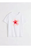 Hibiskus Çiçeği Baskılı Bisiklet Yaka Basic Trend Kadın T-shirt