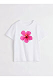 Koyu Pembe Hibiskus Çiçeği Baskılı Bisiklet Yaka Basic Trend Kadın T-shirt
