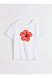 Kırmızı Hibiskus Çiçeği Baskılı Bisiklet Yaka Basic Trend Kadın T-shirt