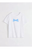 Mavi Ekose Kurdele Baskılı Bisiklet Yaka Basic Trend Kadın T-shirt