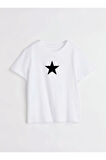 Siyah Yıldız Baskılı Bisiklet Yaka Basic Trend Kadın T-shirt