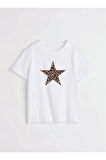 Leopard Star Baskılı Bisiklet Yaka Basic Trend Kadın T-shirt