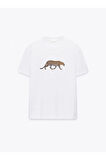 Leopard Baskılı Bisiklet Yaka Basic Trend Kadın T-shirt