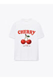 Cherry Baskılı Bisiklet Yaka Basic Trend Kadın T-shirt