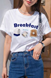 Breakfast Baskılı Bisiklet Yaka Basic Trend Kadın T-shirt