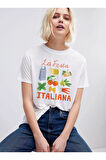 La Festa Italiana Baskılı Bisiklet Yaka Basic Trend Kadın T-shirt