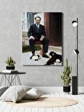M. Kemal Atatürk Minik Köpeklerle Oynarken Portre Dekoratif Dikey Kanvas Tablo