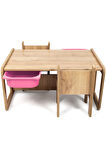 Industrial Living 2 Kişilik Çocuk Masası – Ceviz MDF - Pembe Çekmeceli