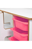 Industrial Living 3 Çekmeceli Çocuk Etkinlik Masası - Beyaz MDF - Pembe Çekmeceli