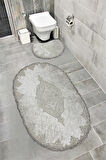 Milas Kaymaz Taban, Kadife Dantel Detaylı 2'li Süper Lüks Oval Banyo Paspası Seti Ekru