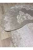 Milas Kaymaz Taban, Kadife Dantel Detaylı 2'li Süper Lüks Oval Banyo Paspası Seti 