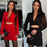 Kadın Atlas Kumaş Uzun Kollu V Yaka Blazer Kesim Göbek Dekolteli Mini Ceket Elbise