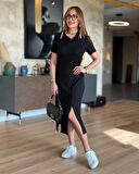 Kadın Yaka Ribanalı Çift Yırtmaçlı Elbise