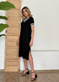Kadın Kısa Kollu V Yaka Kol Ve Yaka Ribana Detay Midi Boy Viskon Elbise