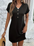 Kadın Kısa Kollu V Yakalı önden Düğmeli Viskon Iki Iplik Elbise