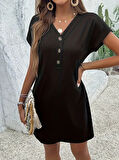 Kadın Kısa Kollu V Yakalı önden Düğmeli Viskon Iki Iplik Elbise