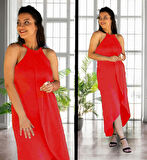 Boyun Askılı Eteği Kruvaze Kesim Viskon Kumaş Elbise