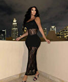 Kadın Dalgıç Kumaş Dantel Detaylı Maxi Boy Elbise