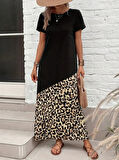 Kadın Kısa Kollu Bisiklet Yaka Leopar Detaylı Midi üst Viskon Alt Süprem Elbise