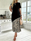 Kadın Kısa Kollu Bisiklet Yaka Leopar Detaylı Midi üst Viskon Alt Süprem Elbise