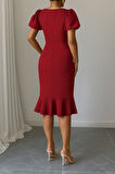 Kadın Kısa Kollu Yuvarlak Yaka Pileli Janjan Krep Elbise