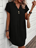 Kadın Kısa Kollu V Yakalı Düğmeli Müslim Kısa Elbise