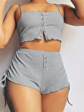 Kadın Ip Askılı Crop Bluz Ve Yanlardan Büzgülü Ikili Kaşkorse Short Takım