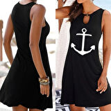 Kadın Kolsuz Halka Detay çıpa Baskılı Viskon Elbise