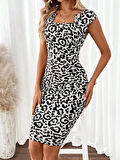Kadın Kısa Kollu Kare Yakalı Leopar Desenli Dalgıç Elbise