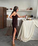 Kadın Siyah Asansör Askılı Çift Yırtmaçlı Helen Elbise