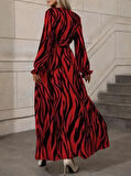 Kadın Uzun Kollu Kruvaze Yakalı Kuşaklı Zebra Desenli Süprem Maxi Elbise
