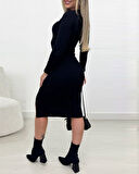 Kadın Uzun Kollu Yırtmaçlı Düğme Detaylı Midi Kaşkorse Elbise