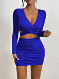 Kadın Uzun Kollu çapraz Dekolte Detaylı Mini Sandy Elbise