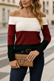 Kadın Uzun Kollu Omuzlardan Açık Uzun Kollu Blok çizgili Triko Bluz