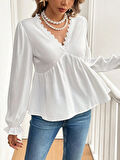 Kadın Uzun Kollu V Dantel Yaka Aerobin Bluz