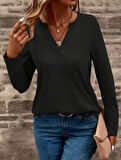 Kadın Uzun Kollu Cepli V Yakalı Viskon Iki Iplik Bluz