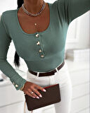 Kadın Uzun Kollu Yakadan Açık Ve Düğme Detaylı Kaşkorse çağla Yeşili Bluz