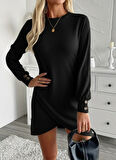 Kadın Uzun Kollu Bisiklet Yaka önden Asimetrik Kesim Detaylı Mini Yumoş Elbise