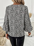 Kadın Uzun Kollu V Yaka Kollar Gipe Detaylı Leopar Desenli Süprem Bluz
